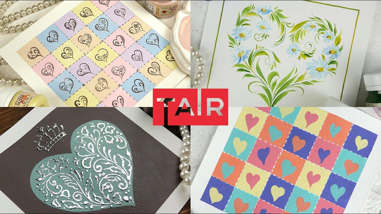 Четыре открытки с сердечками для влюблённых. Рисунок акрилом к Дню Святого Валентина 14 февраля смотреть онлайн