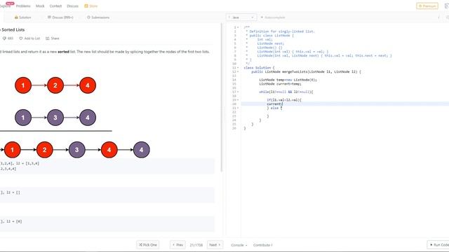 Leetcode | Merge of two sorted linked List | Java смотреть онлайн