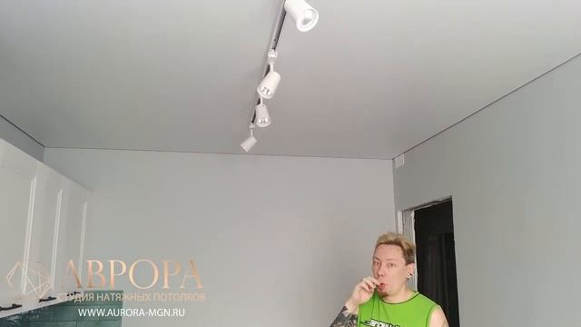Белый матовый натяжной потолок и трековые светильники в кухне. Видеоотзыв смотреть онлайн