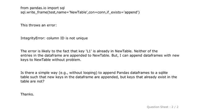 Pandas : Appending Pandas dataframe to sqlite table by primary key смотреть онлайн