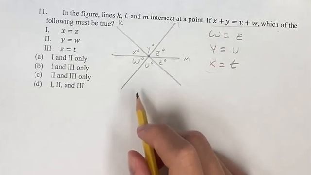 11. In the figure, lines k, l, and m intersect at a point. If x+y=u+w, which of the following must смотреть онлайн