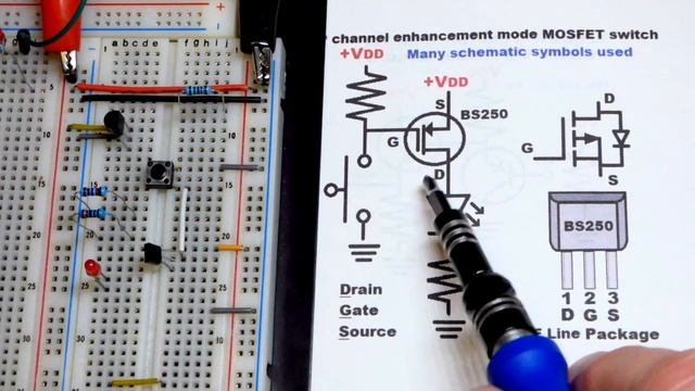 Quick BS250 E line package P channel enhancement mode MOSFET switch circuit by electronzap смотреть онлайн