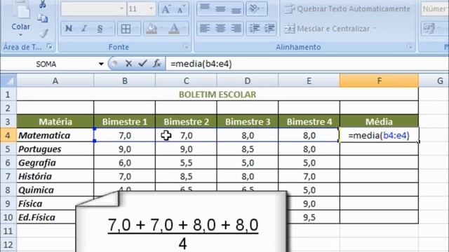 Excel 2007: Planilha com a fórmula de média смотреть онлайн