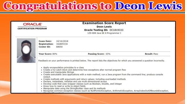 Congratulations to Deon Lewis for Clearing OCJA (1Z0 - 808 ) with 80% смотреть онлайн