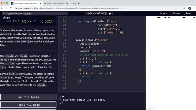 28 - Use a Pre-Defined Scale to Place Elements - Data Visualization with D3 - freeCodeCamp Tutorial смотреть онлайн