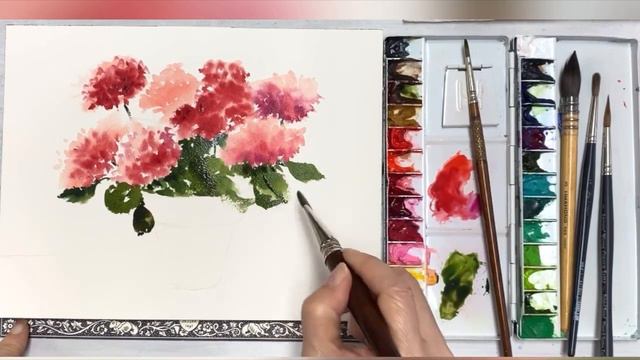 Geranium-Watercolor Painting- Tutorial Step By Step. Simple Sketch And Coloring.
