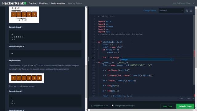 birthday choclate sum solution in python 3 hacker rank | смотреть онлайн