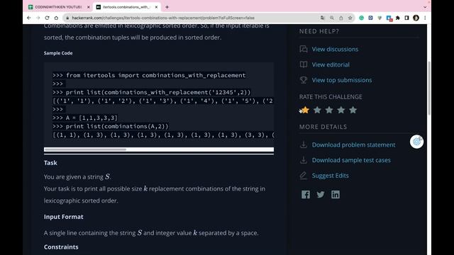 combinations_with_replacement() with Python |HackerRankChallenge| Problem Solving | Coding With Kie смотреть онлайн