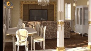 Интерьер гостиной кухни в стиле ампир в 4К