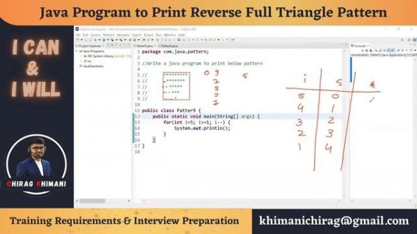 39 | Java Program to Print Reverse Full Triangle Pattern | Java Nested For Loop