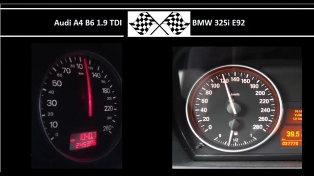 Audi A4 B6 1.9 TDI VS. BMW 325i E92 - Acceleration 0-100km/h смотреть онлайн