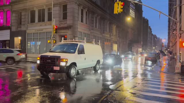 Night Rain Walk New York - Umbrella Rainfall And Street Sounds NYC