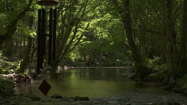 4K HDR Forest River & Windchimes - Flowing Water & Birdsong - Nature Sounds For Sleep & Relaxation
