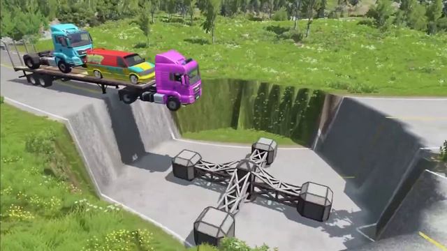Flatbed Trailer Truck Potholes Transport Car Portal Trap Rescue - Cars vs Speed Bumps - BeamNG.driv смотреть онлайн