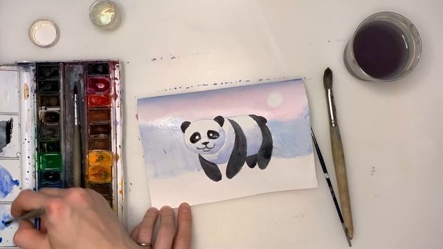 Рисуем панду. Как нарисовать панду поэтапно. Урок рисования для детей. Панда и бамбук акварелью. смотреть онлайн