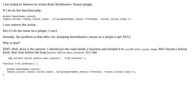 Wordpress: Remove action working on functions.php but not in a plugin. Why? смотреть онлайн
