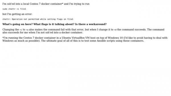 Unix & Linux: In docker, "chattr: Operation not permitted while setting flags on file"