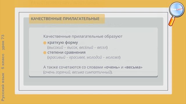 Русский язык 5 класс (Урок№73 - Имя прилагательное как часть речи. Гласные в окончаниях.) смотреть онлайн