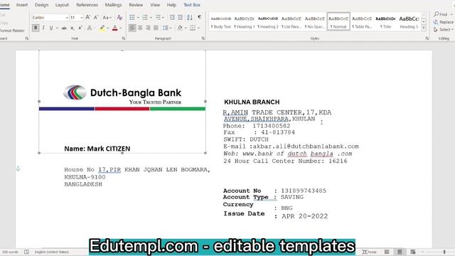 Bangladesh Dutch-Bangla Banking Statement Word And PDF Template