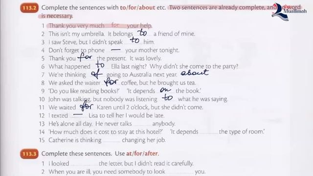 Raymond Murphy Unit 113 | Homework | Listen To .. , Look At ... Etc (verb + Preposition)