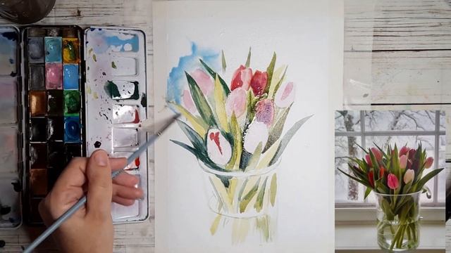 Рисую тюльпаны | Как нарисовать тюльпаны акварелью | Рисование акварелью | Открытка в 8 марта. смотреть онлайн