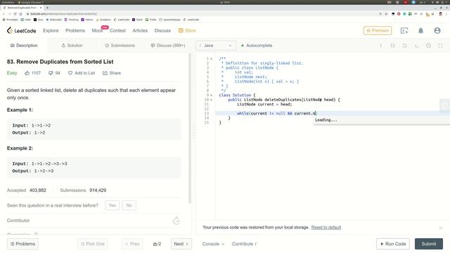 LeetCode #83 - Remove Duplicates from Sorted List смотреть онлайн