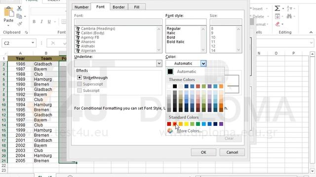 Apply conditional formatting in cell range C2:C21. Format teams having received up to 30 points... смотреть онлайн