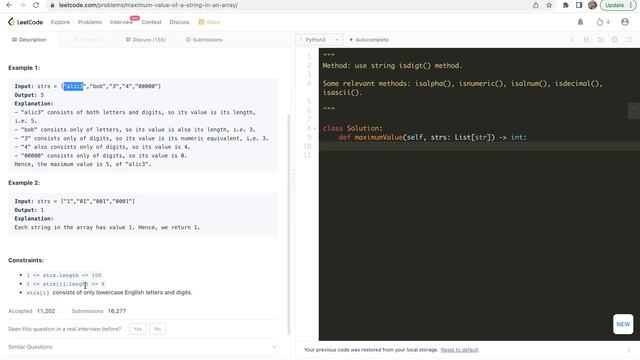 leetcode 2496. Maximum Value of a String in an Array - string method isdigit() or so смотреть онлайн