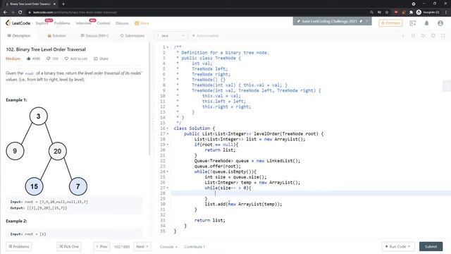 LeetCode 102 | Binary Tree Level Order Traversal | BFS, Queue | Java смотреть онлайн