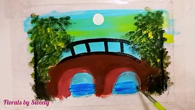 Easy bridge scenery drawing/Easy bridge scenery painting/Acrylic painting for beginners. смотреть онлайн