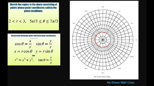 Sketch region in plane of points whose polar coordinates satisfies r in (2,3), theta [5pi/3, 7pi/3] смотреть онлайн
