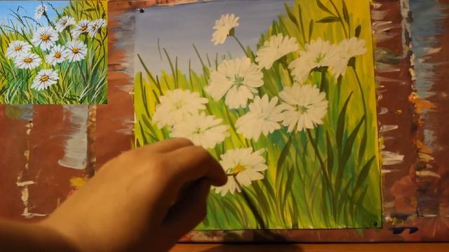 Как нарисовать поэтапно пейзаж с РОМАШКАМИ смотреть онлайн