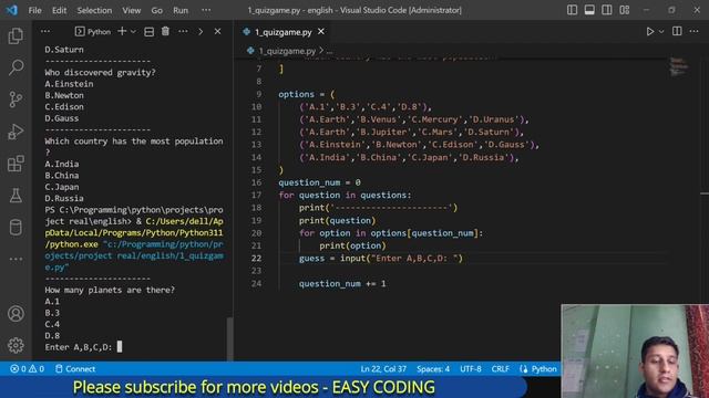 Python Project - Quiz Game along with options from Scratch [In English] смотреть онлайн