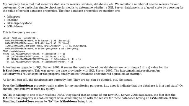 Is the SQL Server IsShutdown property useful to determine whether a database is in a good state? смотреть онлайн