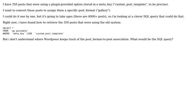 Wordpress: Convert many posts from having a specific meta_key to use a post_format смотреть онлайн