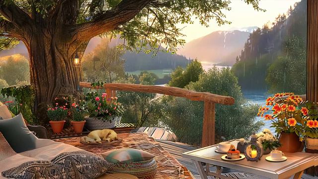 Relaxing Piano Jazz Music For Work In Cozy Porch On Mountain | Rainy Day And Spring Ambience