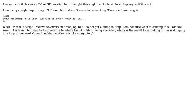 DevOps & SysAdmins: mysqldump (using PHP exec) not dumping file but no error (2 Solutions!!) смотреть онлайн