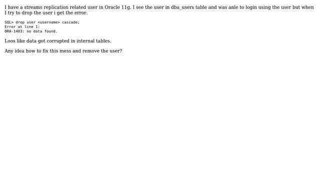 Databases: Unable to remove a user in Oracle 11g смотреть онлайн