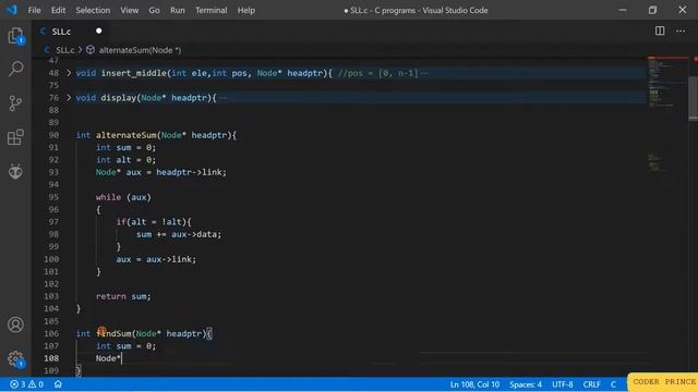 #3. Singly Linked List | Alternate node SUM | recursive sum | total sum method. | C implementation смотреть онлайн
