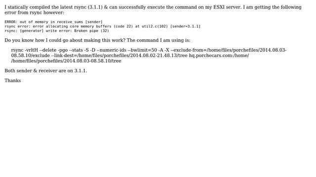 DevOps & SysAdmins: rsync ESXI 5.5 out of memory in receive_sums смотреть онлайн