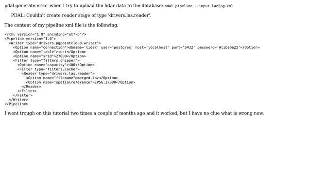 GIS: Import point cloud into PostgreSQL/ pdal pipeline fails смотреть онлайн
