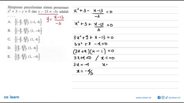 Himpunan penyelesaian sistem persamaan x^2+3-y=0 dan x-13=-3y adalah.... смотреть онлайн