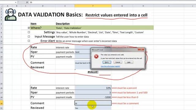 Video 00031 DATA VALIDATION restrict values entered into a cell смотреть онлайн