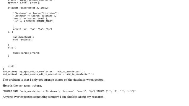 Wordpress: $wpdb-＞insert inserting only f character in custom table смотреть онлайн