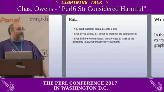 Lightning Talk by Chas. Owens - "Perl 6 Str Considered Harmful" смотреть онлайн