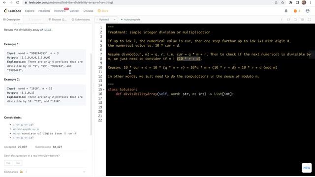 leetcode 2575. Find the Divisibility Array of a String - computation modulo m смотреть онлайн