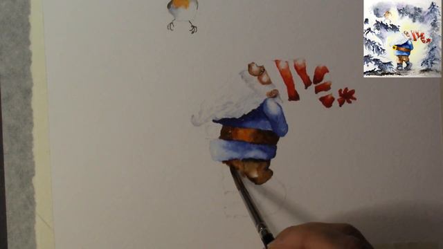 Watercolor forest gnome and robin in winter wonderland paint along demo tutorial смотреть онлайн