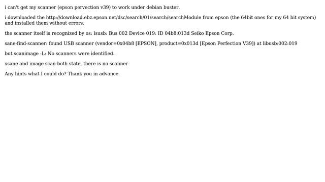 Unix & Linux: Epson Pervection v39 scanner and Debian Buster смотреть онлайн