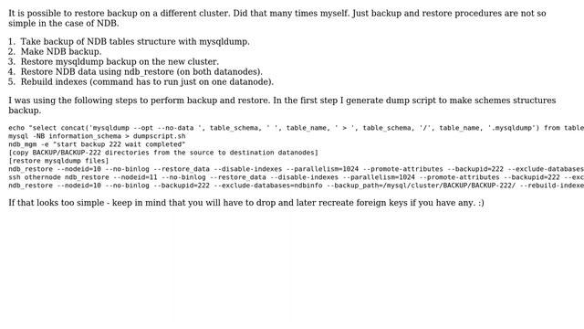 Databases: How to migrate MySQL Cluster (NDB) backup to a different ndb cluster? (2 Solutions!!) смотреть онлайн