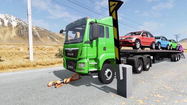 Double Flatbed Trailer Truck vs speed bumps|Busses vs speed bumps - McQueen |Beamng Drive #82 смотреть онлайн